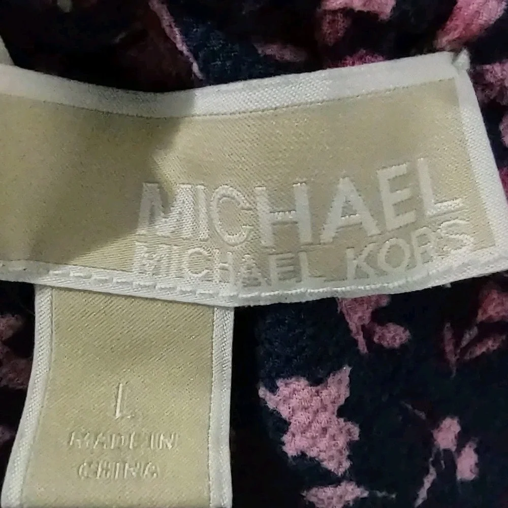 Michael Kors Blouse Women's Size L Short Sleeve Elastic Collar Navy Blue Floral